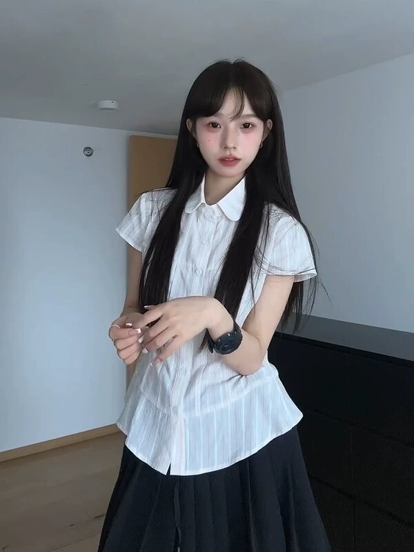 韓国カレッジスタイルポロカラー半袖シャツ女性のための夏の2025新しいスタイルシンプルな痩身西洋スタイル年齢軽減シャツ|undefined