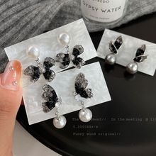 新款黑色水晶蝴蝶耳环女冷淡风耳坠高级感轻奢通勤重工精致耳饰