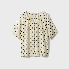 真丝波点印花短袖上衣女100桑蚕丝双绉单排包扣V领宽松小衫夏新款