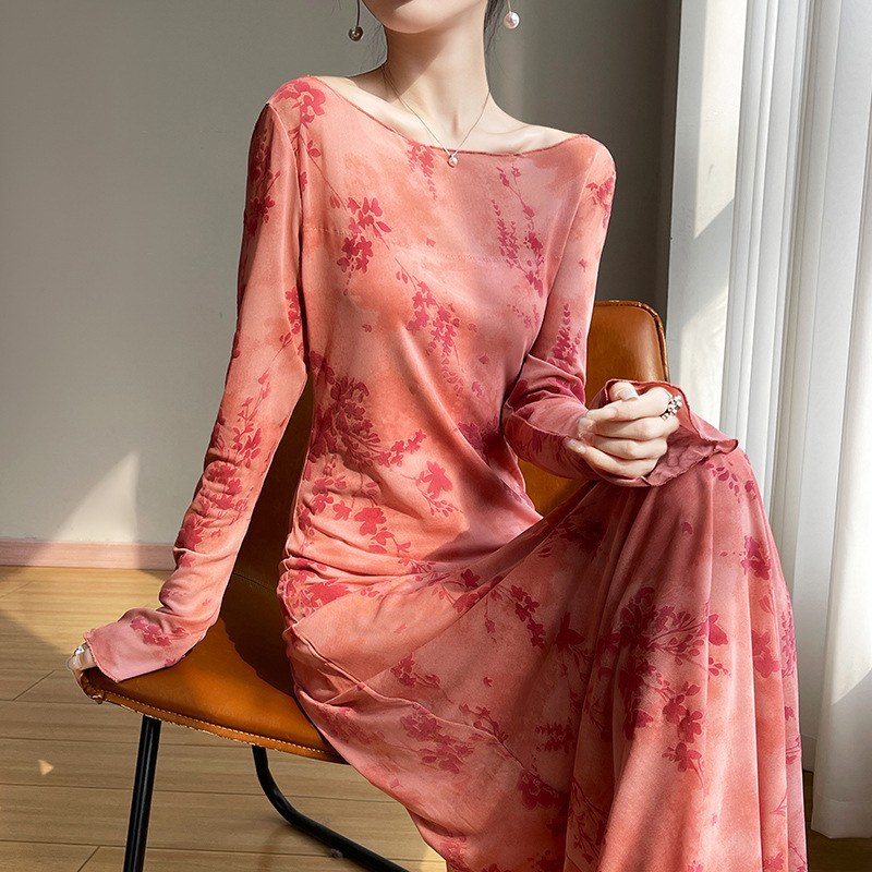 2025 Spring and Summer New Style Mesh Flocking One-Line Collar Dress Long-Sleeved Women's Jacquard Slimming Look Elegant Long Skirt