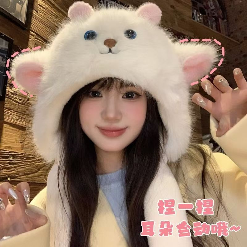 小羊毛绒帽子耳朵会动女冬季可爱加厚保暖防寒护耳帽显脸小雷锋帽|undefined