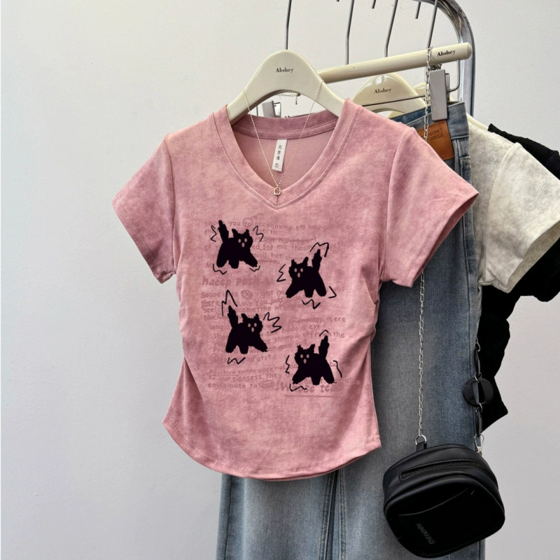 Женская летняя футболка из чистого хлопка в американском стиле ретро с кошачьим принтом и принтом тай-дай на правое плечо с v-образным вырезом и короткими рукавами, утягивающий короткий топ