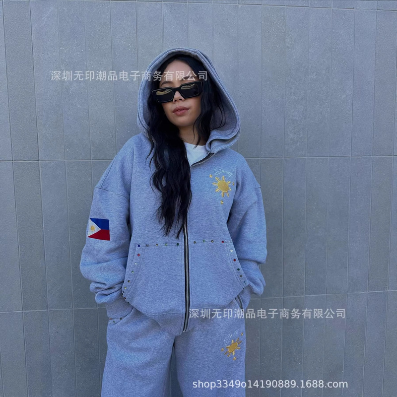American Fashion Street Style Outfit, Unisex, Fully Embroidered Sun Flag Pattern, Cool Hooded Sweatshirt American Fashion Street Style Outfit, Unisex, Fully Embroidered Sun Flag Pattern, Cool Hooded Sweatshirt