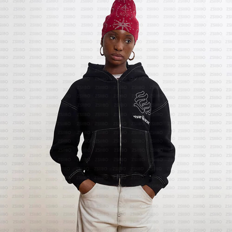 Autumn and Winter 2000S Fashion Zipper Design Letter Pattern Gothic Punk Casual Aesthetic Retro Hoodie