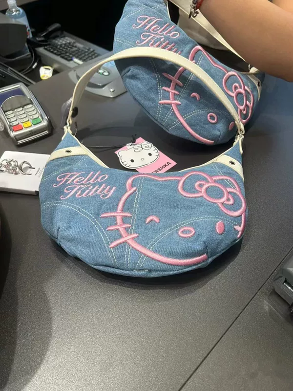 Hello Kitty, джиновая подмышечная сумка, зимняя сумка через плечо, с вышивкой