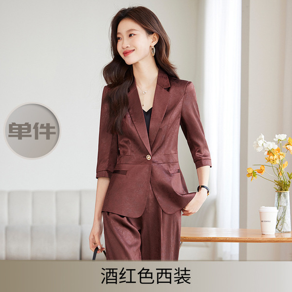 wine red Fashion Spring Summer Autumn Seven-point Sleeve Small Suit Collar Jacket Women's Pants Elegant Two-piece Suit Business Wear