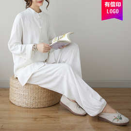 新款新中式太极服两件套晨练白色练功服套装禅意居士服 男女通用