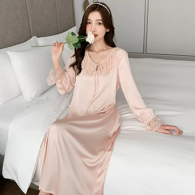 公主风睡裙女春秋新款法式蕾丝长袖睡衣裙家居服长裙夏025