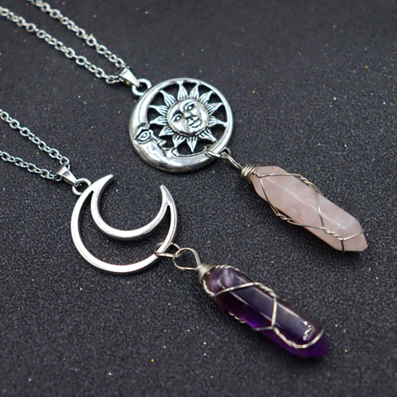 10g Weight Alloy, Natural Stone, Crystal Pendant Material Pendant Necklace Classification Alloy Chain Material cable chain Chain Type 1 Piece Quantity Holiday, Daily Occasion Alloy, natural stone, Crystal Material Sun, Moon, Tree Pattern Unisex Gender Polishing, Hollow Out Design Casual, Retro Style Casual Retro Sun Moon Tree Alloy Natural Stone Crystal Pendant Necklace In Bulk 3