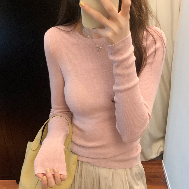 Thread slim-fit slimming pullover bottoming sweater women's autumn 2023 new round neck inner shoulder long sleeve top