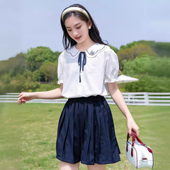甜美學院風白色襯衫初高中學生短袖套裝少女大童簡約裙子兩件套