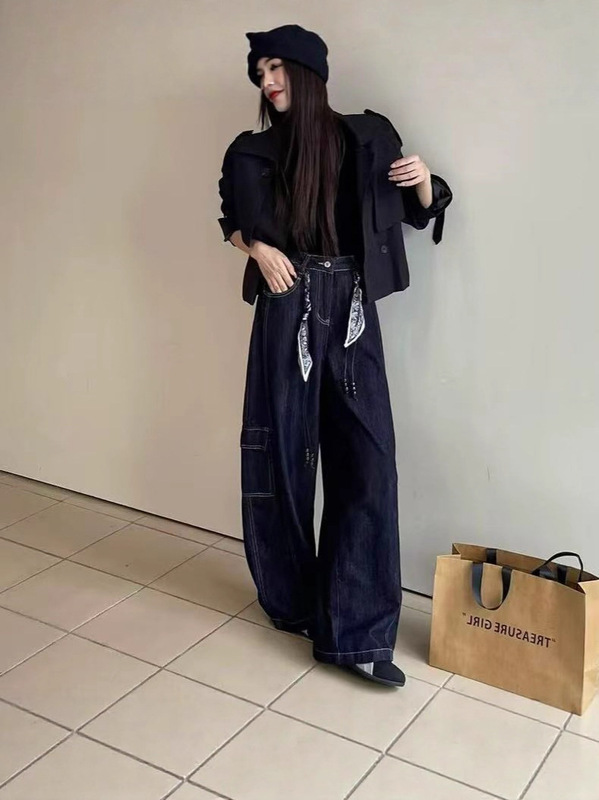 2025早秋新款复古辣妹风工装牛仔裤女高腰宽松显瘦直筒阔腿拖地裤|undefined