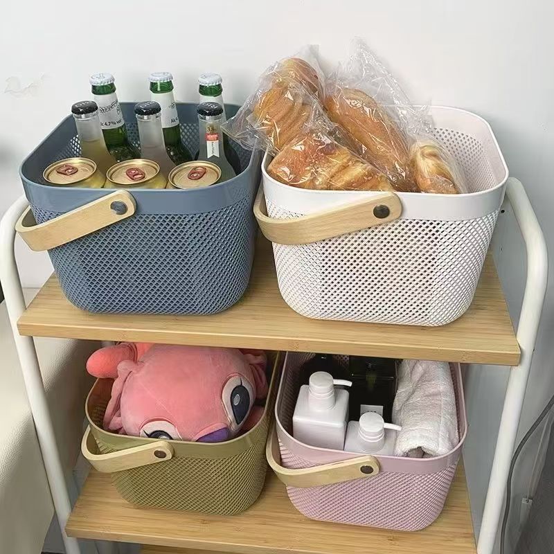 Cestas de almacenamiento portátiles de hierro forjado mango de madera cestas de frutas y verduras caseras cestas de almacenamiento huecas cestas de drenaje de cocina