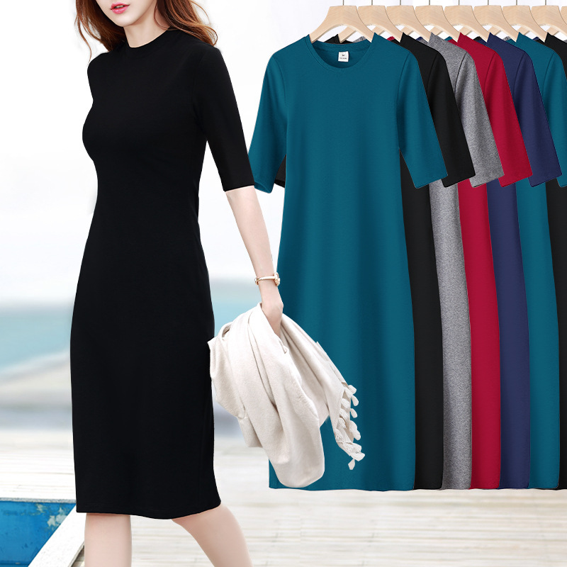 Black Half Sleeve dress Spring/Summer Round Neck Half Sleeve Slim-Fit One-Step Skirt Mid-Length Rib Inner Base Skirt