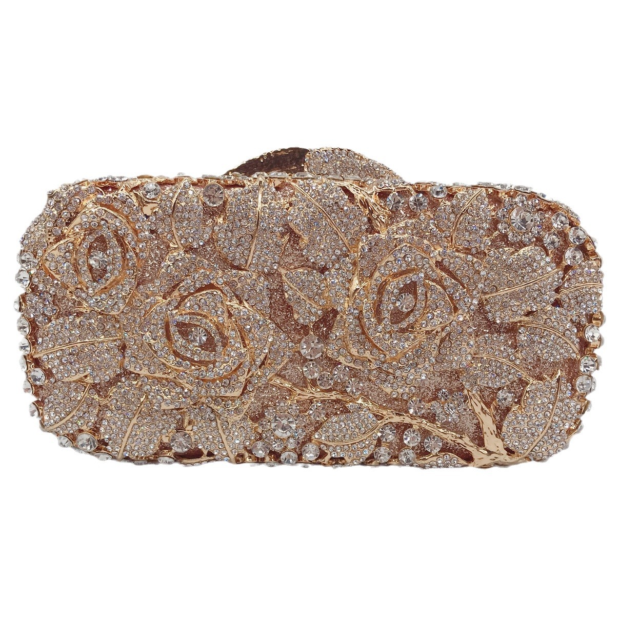 Túi clutch dạ hội nạm kim cương họa tiết hoa hồng kim loại phong cách Âu Mỹ — kim cương vàng trên nền vàng