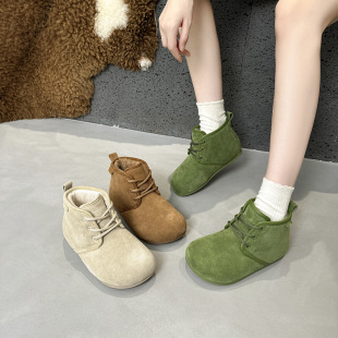 Genuine Leather Birkenthal Shoes Women 2024 New Winter fleece-lined Warm Cotton Boots Flat Lace-up Vintage Ankle Boots