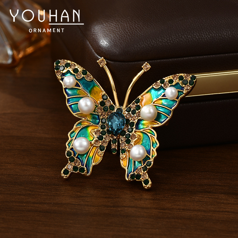 Oro real galvanizado nuevo broche de mariposa china esmalte pintado chaqueta cardigan pin de lujo flores pectoral de perlas de agua dulce image 1
