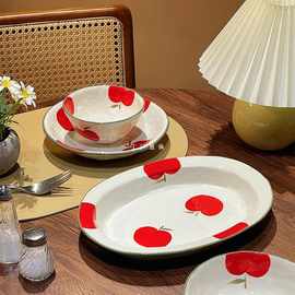 手捏手绘红苹果系列陶瓷餐具家用米饭碗网红餐具套装釉下彩个性瓷