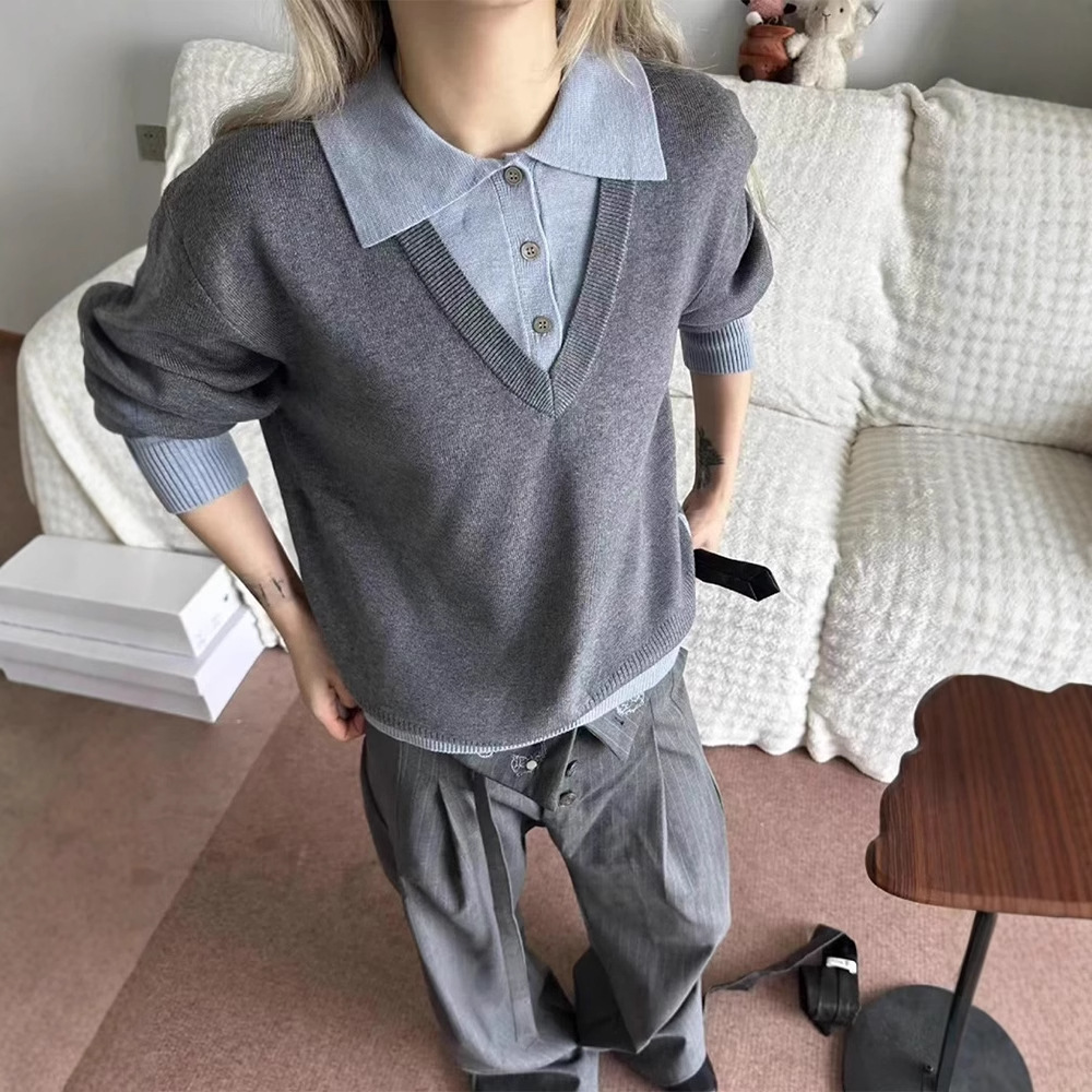Gray Fake Two-Piece Polo Collar Knitwear Men's Autum American V Neck Knitwear Cleanfit Old Money Style Top