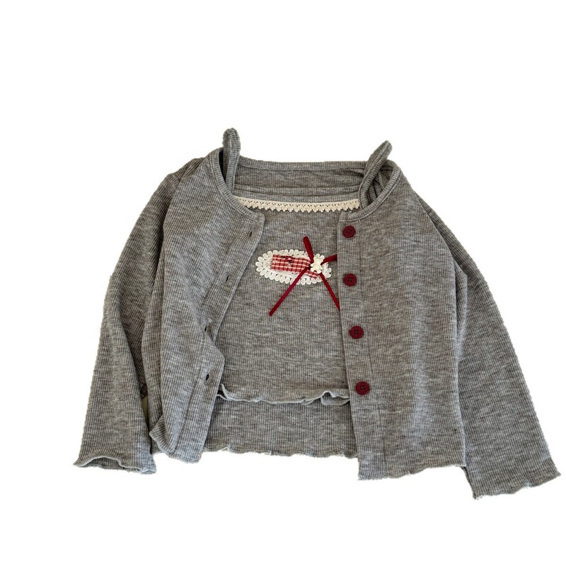 【秋季新品】柠里女童春秋季上新韩系蝴蝶结背心+开衫两件套套装|undefined