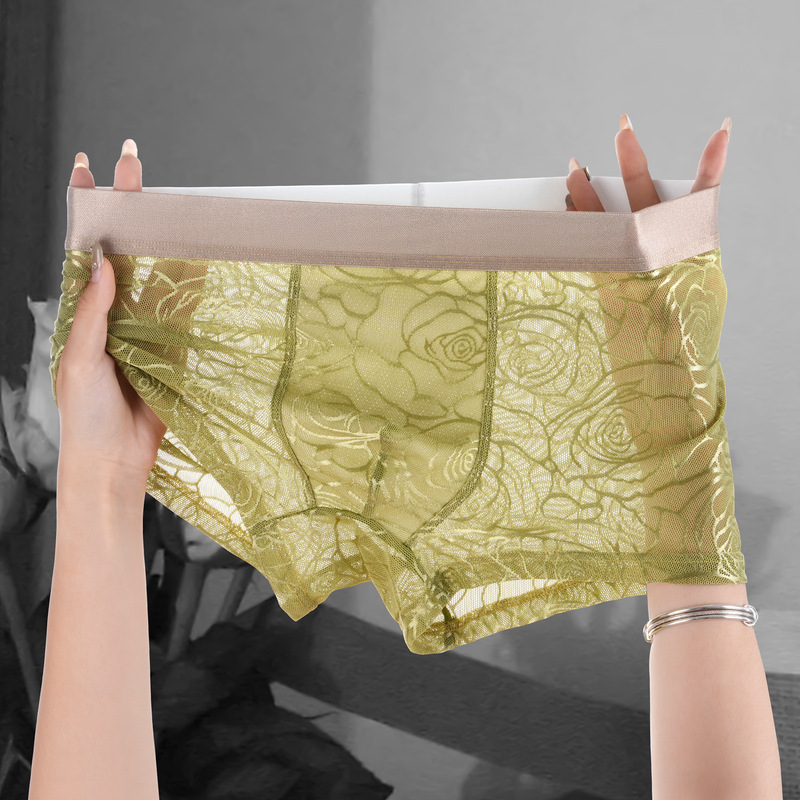 New Ice Silk Underwear Lace Pattern Men's Boxer Jacquard Mesh Breathable High Luxury Youth Boxer Shorts