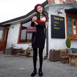 欧韩女装新款针织裙子韩版小香风拼色条纹收腰性感包臀毛衣连衣裙