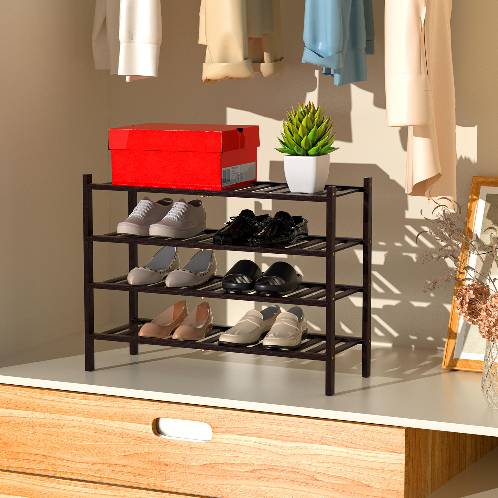 Zapatero plegable de bambú apilable, estante de almacenamiento multicapa para el hogar, ahorrador de espacio, éxito de ventas transfronterizo.