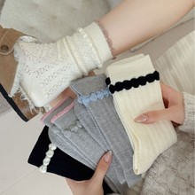 白色羊毛袜子女秋冬款中筒袜镂空泡泡口玛丽珍袜搭配小皮鞋堆堆袜
