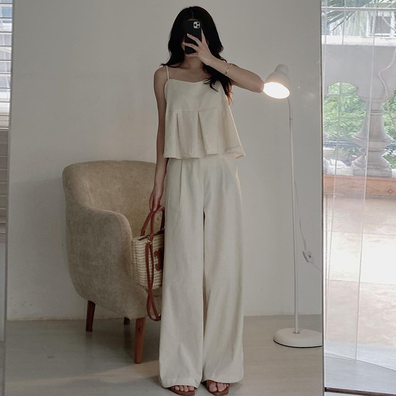 Summer 2025 French Simple Square Collar Solid Color Camisole High Waist All-match Wide Leg Casual Pants suit Trendy