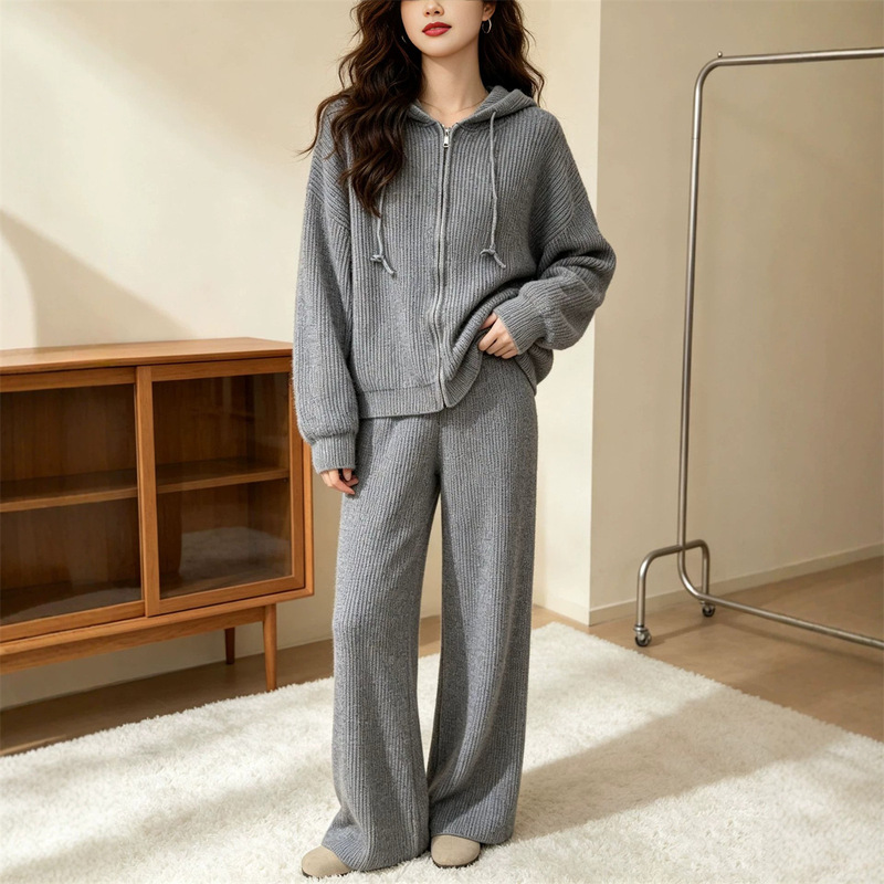 Lazy Style Complete Set of Knitted Zipper Hooded Cardigan Suit for Women Autumn and Winter New Casual Wide-Leg Pants Two-Piece Suit Lazy Style Complete Set of Knitted Zipper Hooded Cardigan Suit for Women Autumn and Winter New Casual Wide-Leg Pants Two-Piece Suit