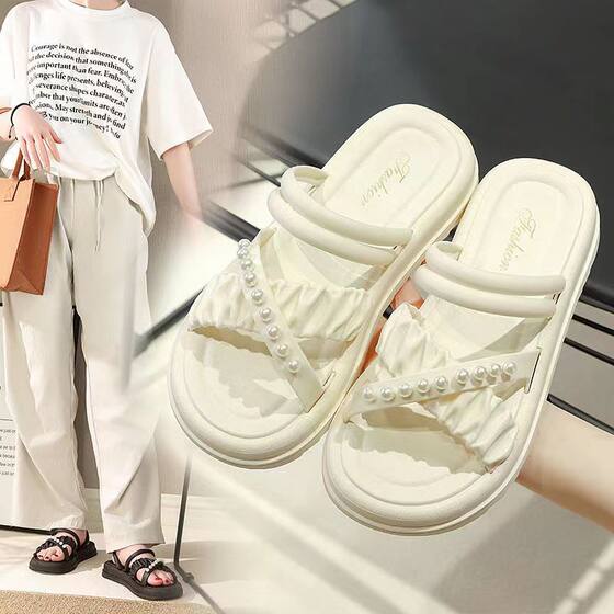 New Pearl Two-Wear Thick Slippers Women's Outer Wear Fashionable Chanel Style All-Match Korean Style Internet Celebrant Slippers Summer