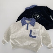 麦宝儿童加绒卫衣2025冬季新款男童格子翻领套头衫宝宝冬装潮批发