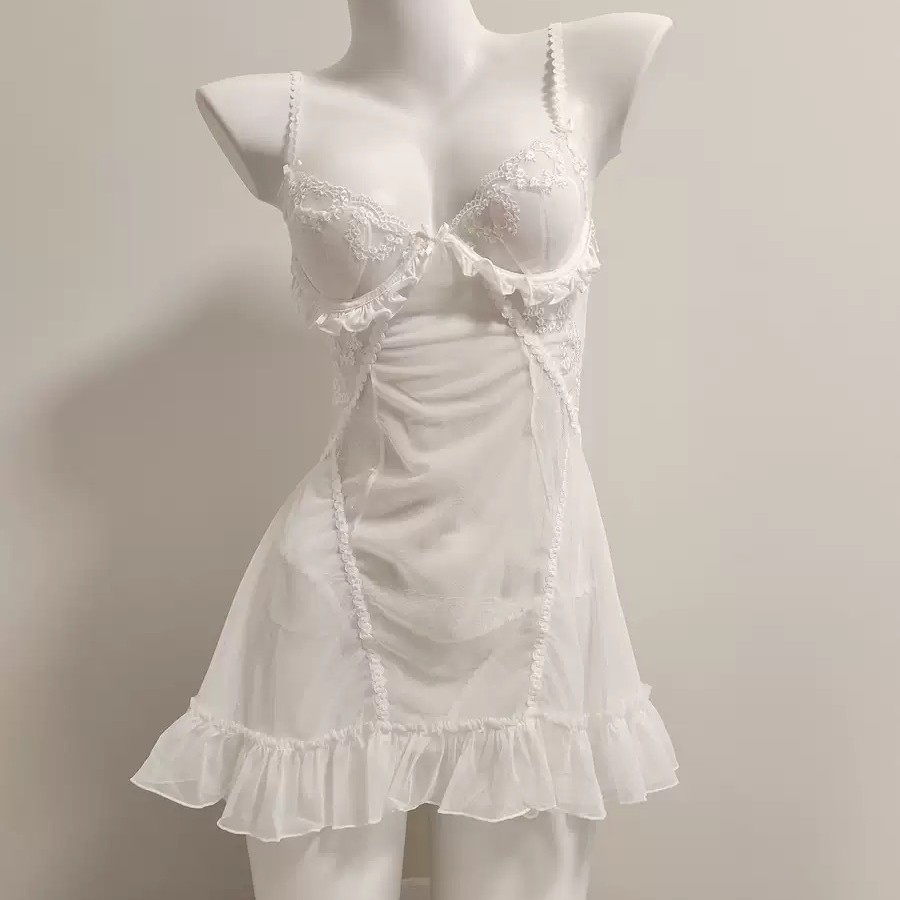 Spring and Summer Sweet Suspender Women's Sexy Mesh Thin Suspender Nightgown Pure Lust Style See-Through Nightgown Long Sleeves