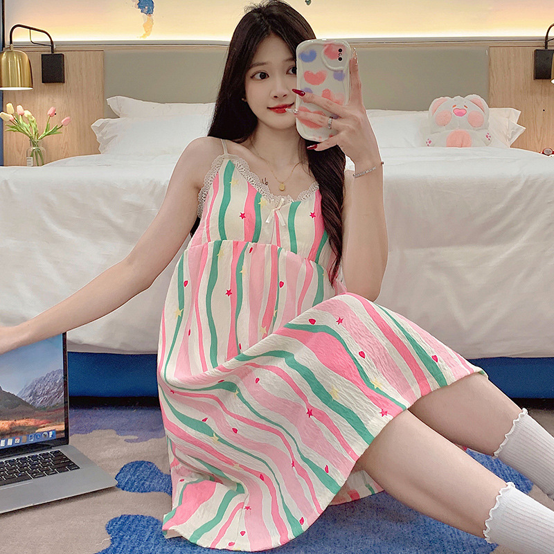 Nuevo vestido de pijama dulce mujer de algodón encantador simple estriado vestido de pijama casero falda en vivo comercio exterior al por mayor