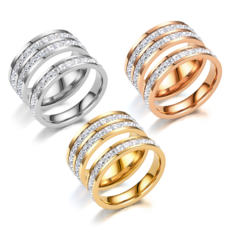 Simple Style Round Titanium Steel Inlay Zircon Rings 1 Piece