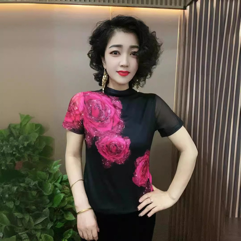 2024 Summer Rose Large Size Short-sleeved T-shirt Women's Fashionable Slimming All-match Stylish Mesh Top Women's Shirt