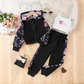 2025女童春秋三件套欧美时尚女童连帽长袖长裤装儿童套装外贸跨境