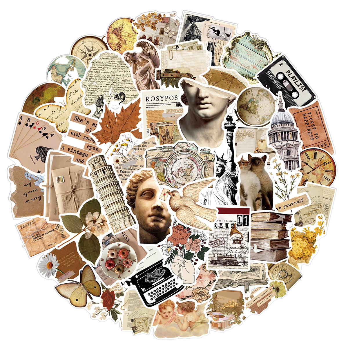 50张复古文艺图案涂鸦贴纸防水不重复杯子拉杆箱笔记本装饰贴纸