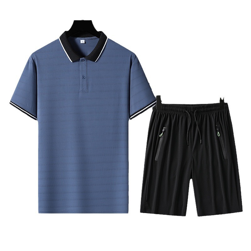 Verano hielo de manga corta pantalones cortos de dos piezas hombres camiseta de manga corta polo casual con solapa de mediana edad pantalones cortos grandes