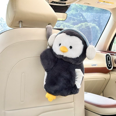 Cartoon Car Tissue Box Plush Toy Multifunctional Hanging Tissue Bag Cute Penguin Car Tissue Holder (Car tissue box/set) - rabbit-fur-penguin-tissue-box
