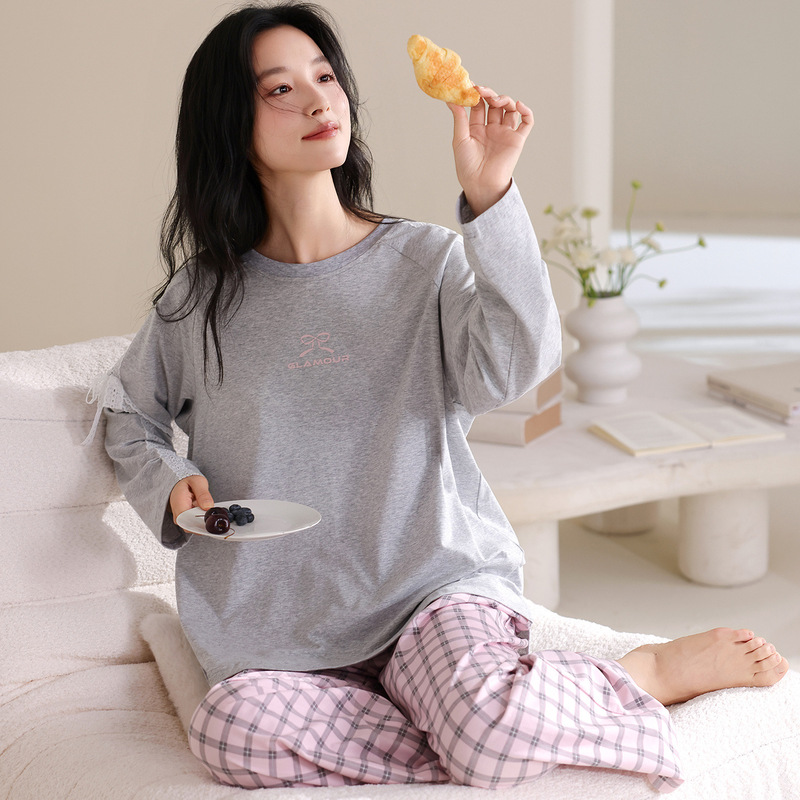 睡衣女长袖长裤纯棉薄款女士春秋季全棉家居服两件套装吸汗休闲风|undefined