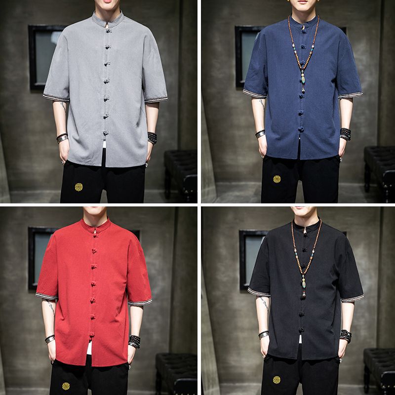 Lino de manga corta Camisa de los hombres de estilo chino hebilla Tang traje de manga cinco cuartos ropa estilo retro juventud estilo chino abrigo de moda