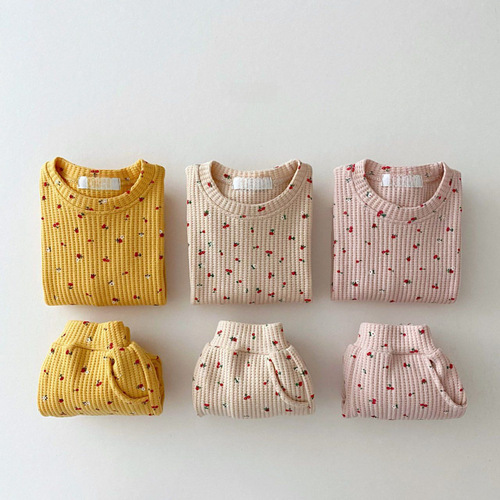 Ins Korean Version Baby and Children's Clothing Honeycomb Sweatshirt Casual Set Spring Girl's Fashion Floral Two-Piece Set