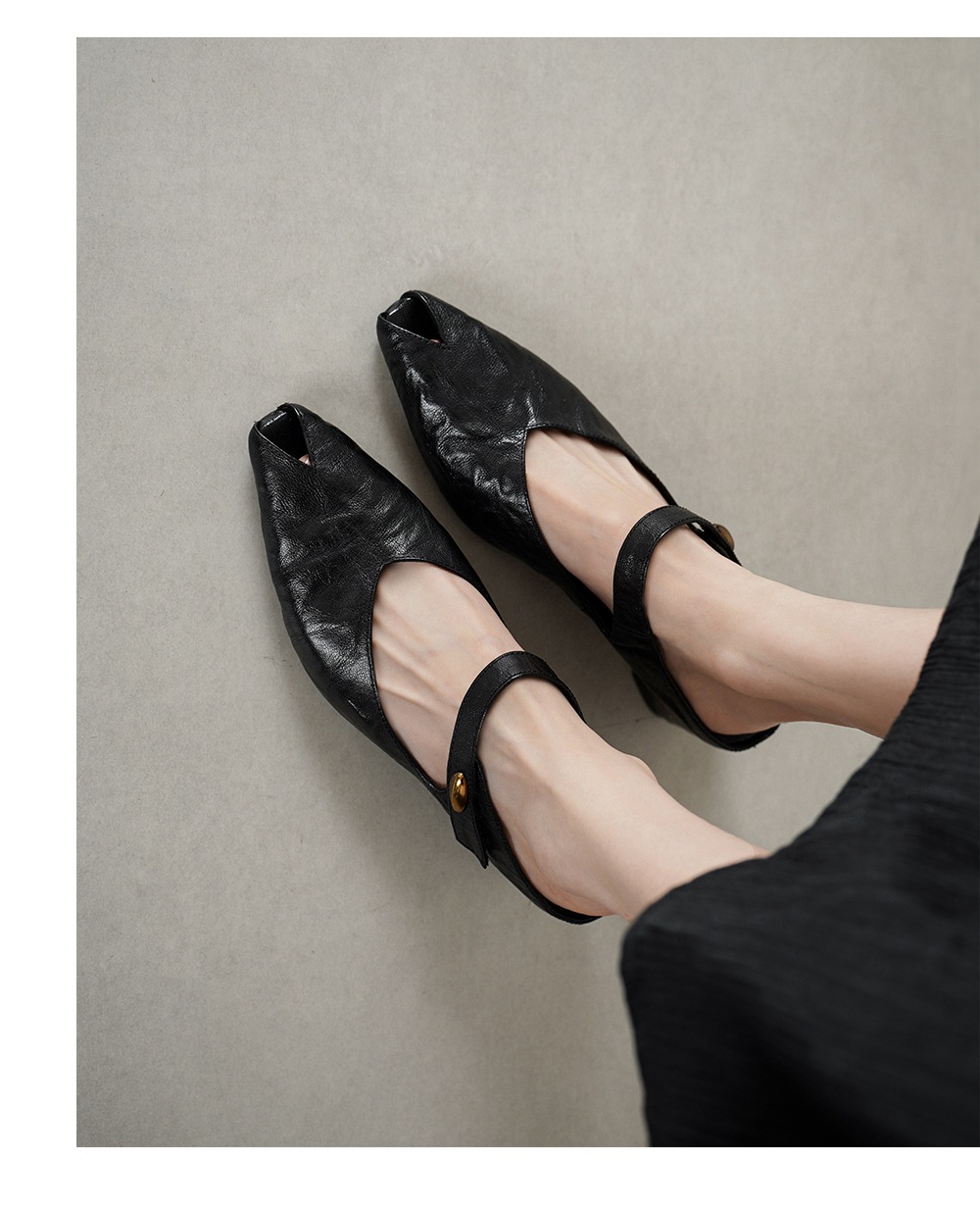 Sandal nữ mũi nhọn quai ngang gót vuông 7 cm da cừu — đen chi tiết 11