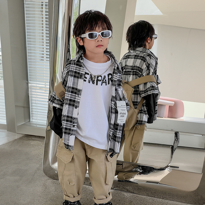 Primavera nuevos niños falso de dos piezas camisa a cuadros estilo coreano casual suelta ropa exterior de los niños prendas de vestir exteriores de moda superior