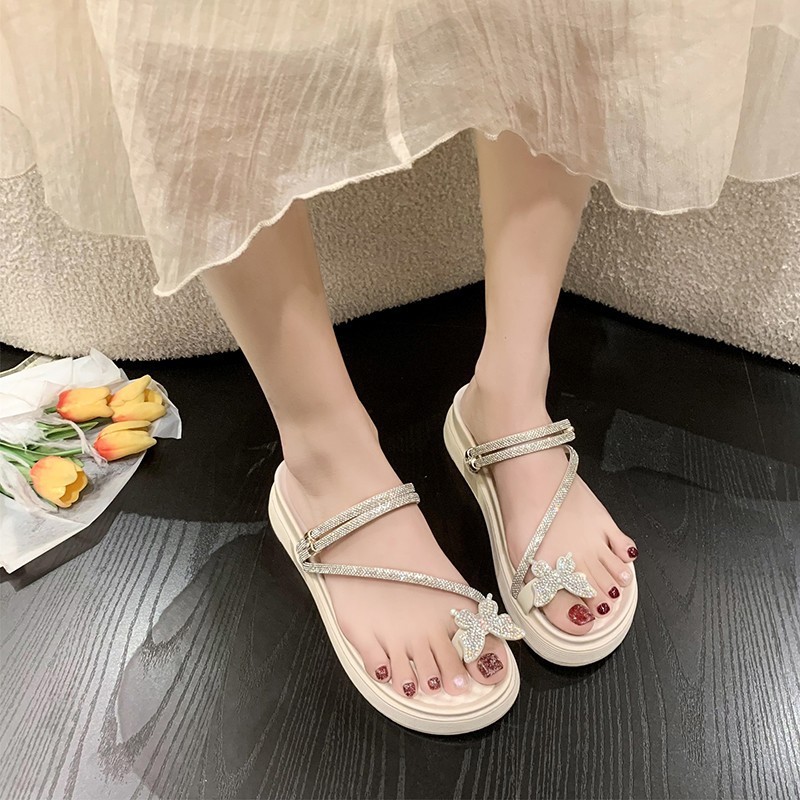 Fairy Cool for Women 2024 New Summer Water Diamond Set Beach Shoes with Pinched Toe Cake Thick Sole Herringbone Slippers_voghion.com