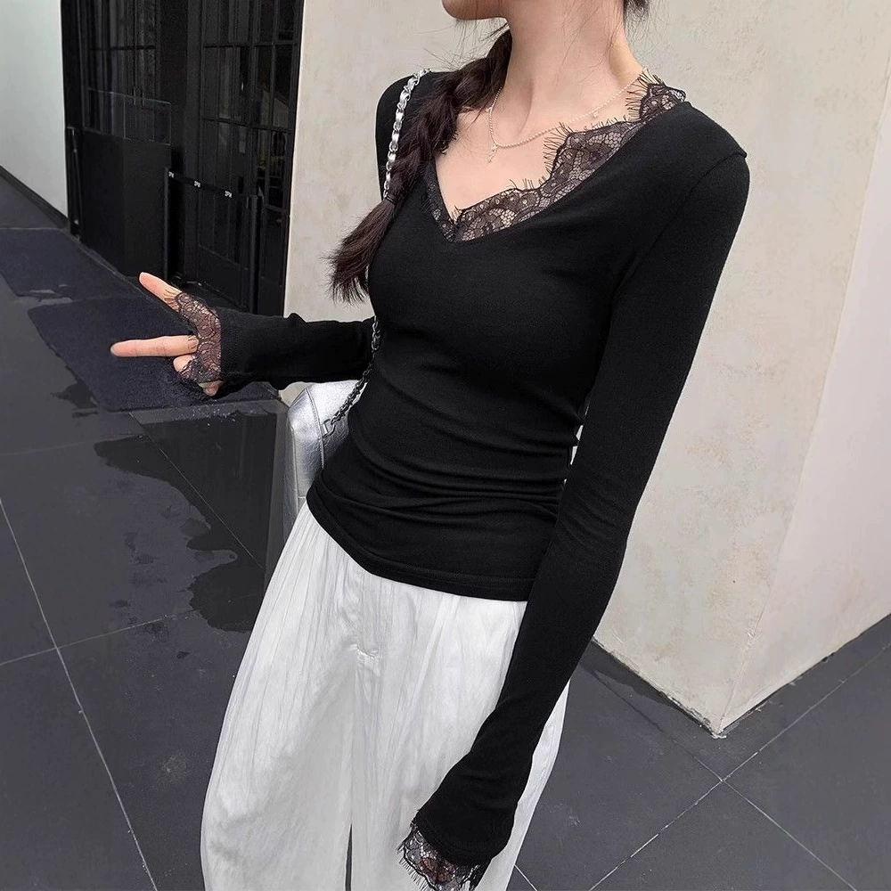 Трансграничный дизайн кружева V-образный вырез с длинным рукавом футболка женская весна и осень новая внутренняя нижняя рубашка
