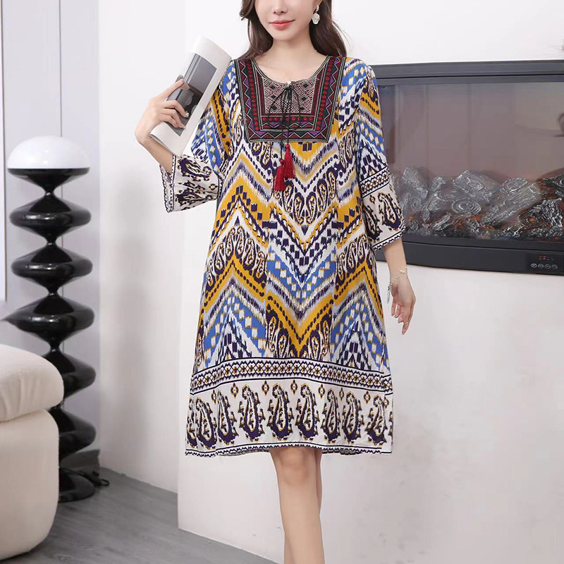 タイ風Aラインコットンワンピース、夏向け、クロスボーダーコットンシルクワンピース、アーティスティックレトロエスニック風婦人服