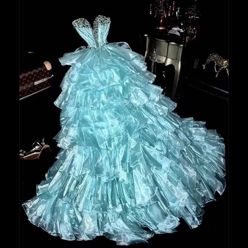 Evening Dress, Beautiful Blue Tube Top, Sequins, Hosting Classy Accessible Luxury Niche Princess Tutu Skirt, Birthday Performance Clothing, Autumn