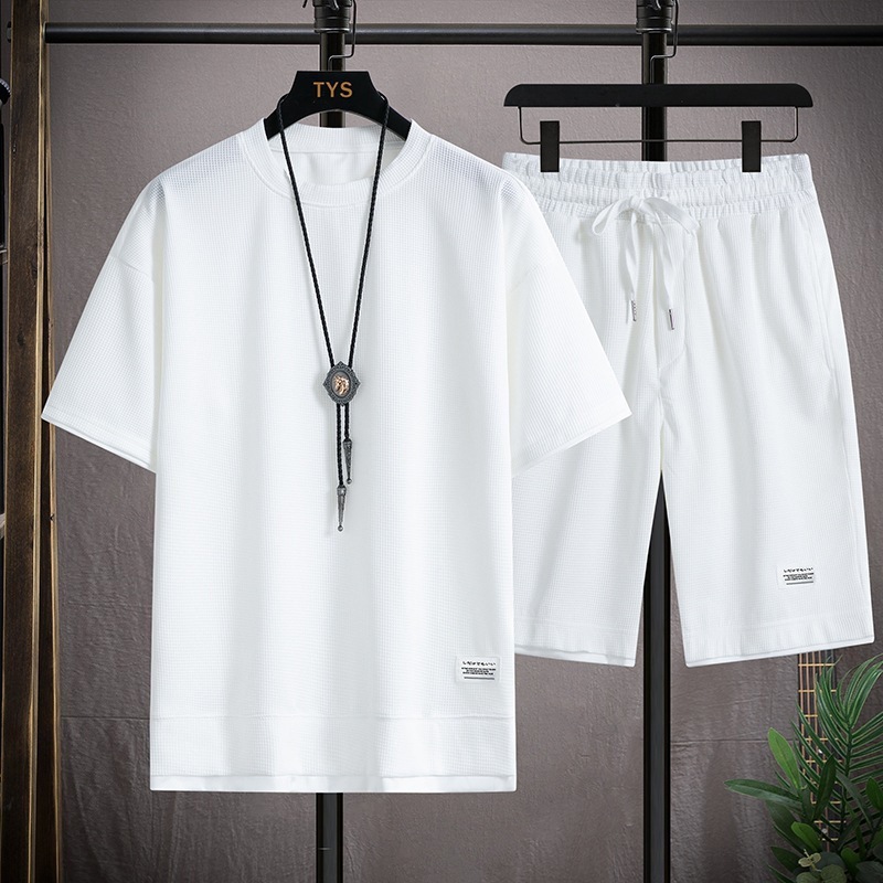 新款华夫格夏季休闲运动服宽松套装男士夏装潮流短袖T恤两件套|undefined